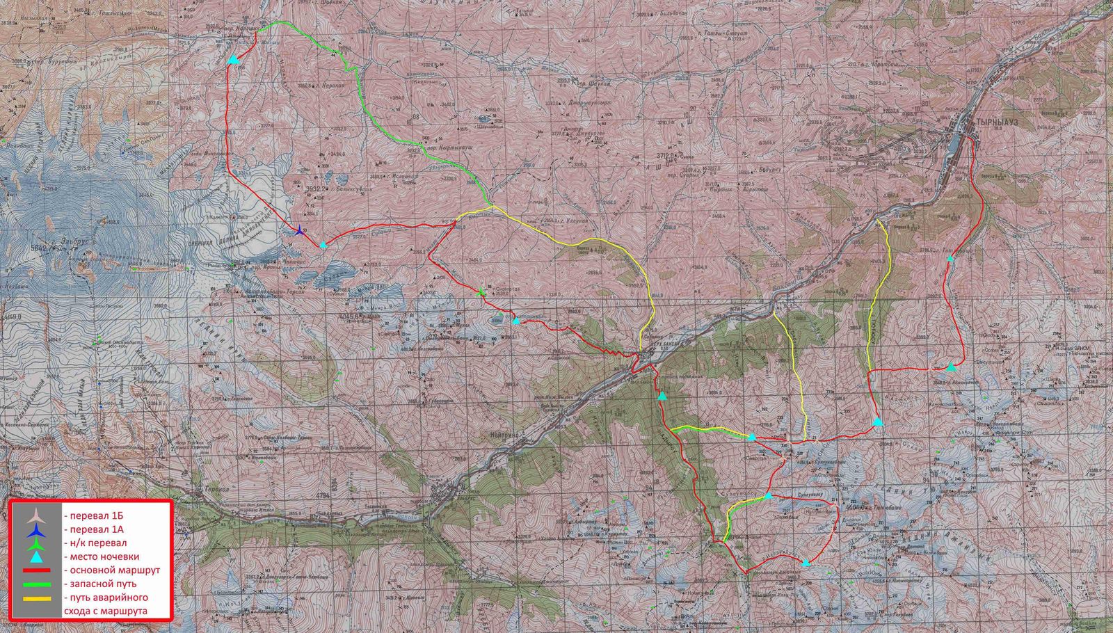 Карта приэльбрусья с перевалами подробная